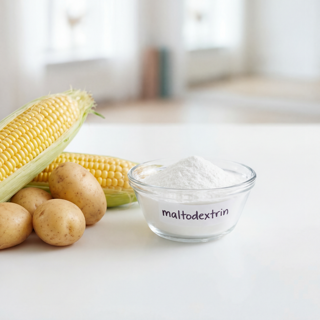 a cup of maltodextrin sitting next to corn and potatoes