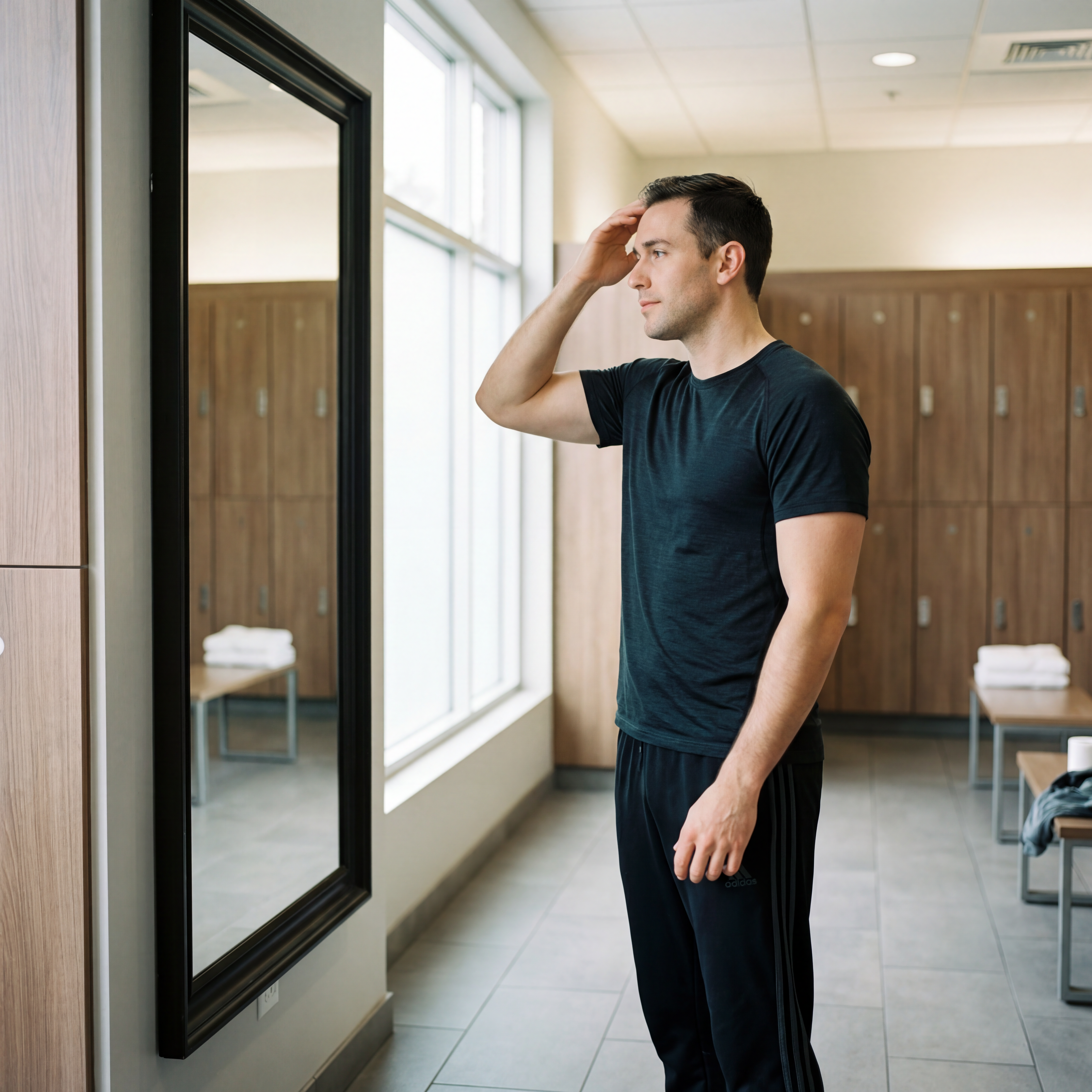 a man looking in the mirror at his receding hair line