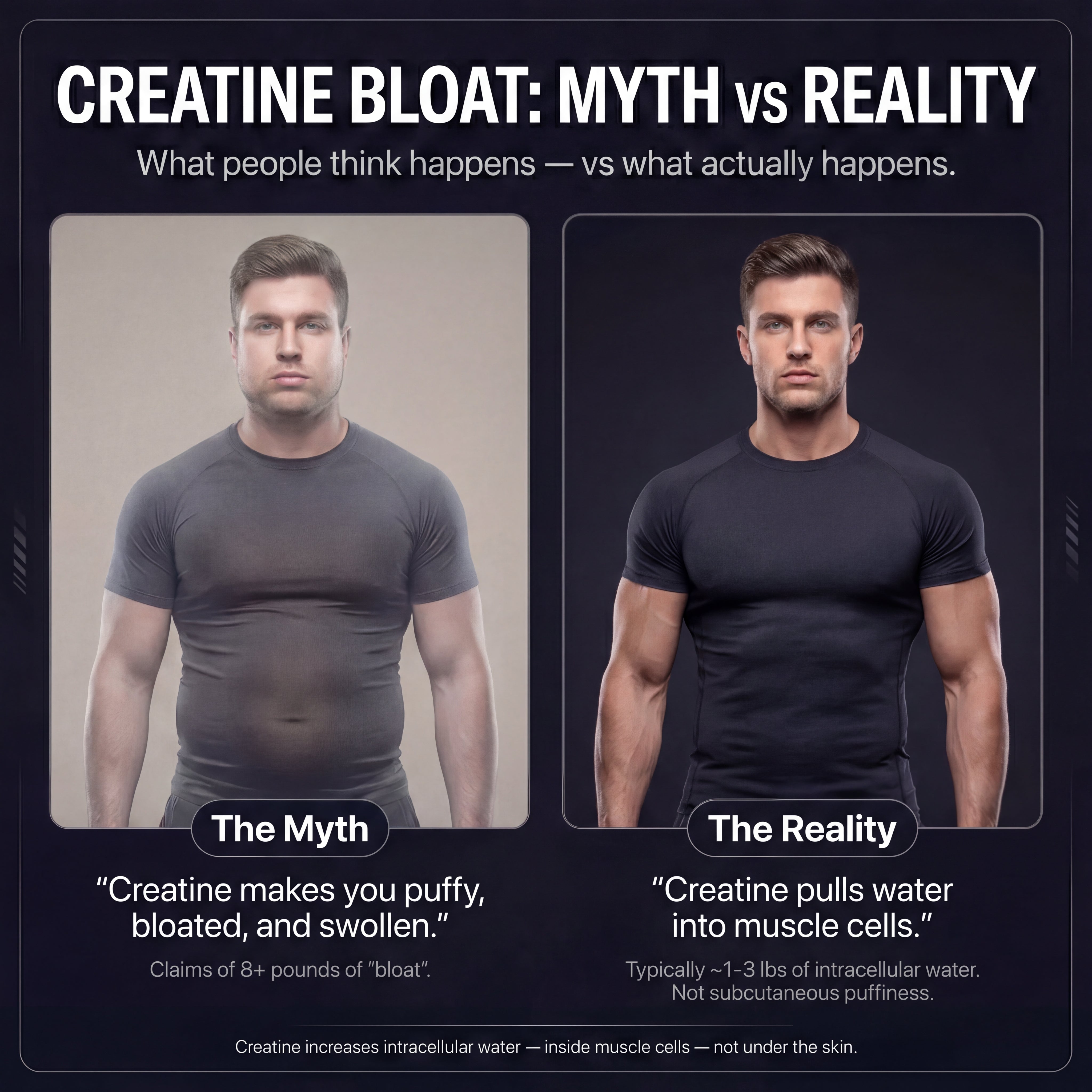 an image of the difference between the myth about creatine bloating vs the reality